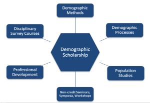 Flow chart linking demographic methods, demographic processes, population studies, non-credit seminars, professional development & discipline survey courses to demographic scholarship